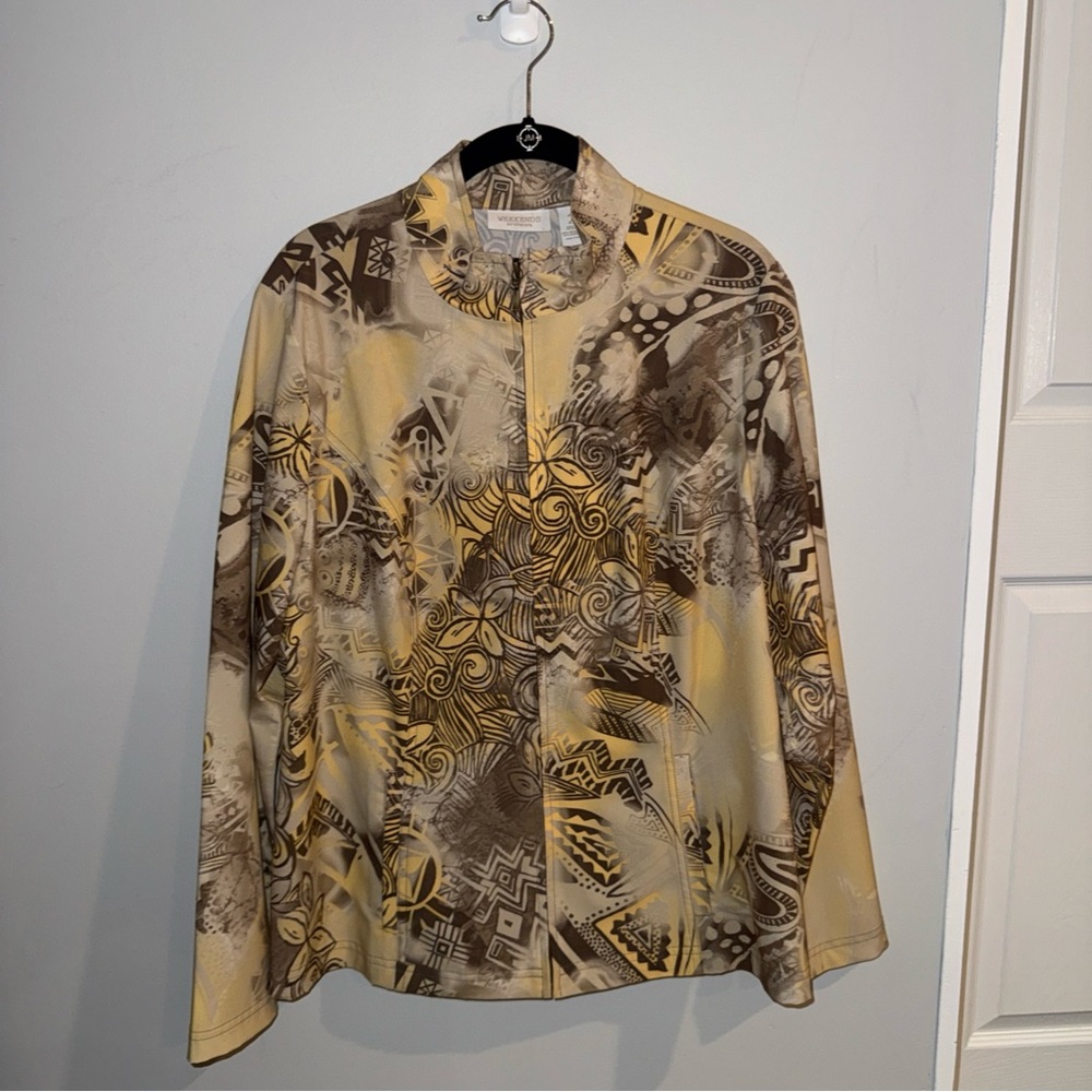 Chico’s Weekends Yellow Tan Brown‎ Floral Zip Jacket Size 2 Large Cotton Sz 12